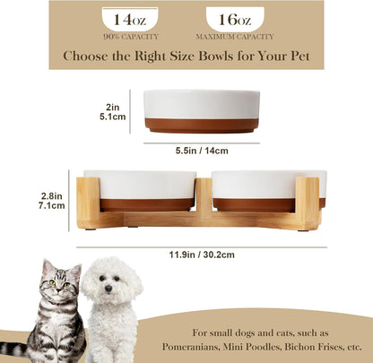 MALACASA Ceramic Dog Bowls, Dog Water/Food Dish with Wood Stand Non-Slip,14oz, Pet Basic Bowls for