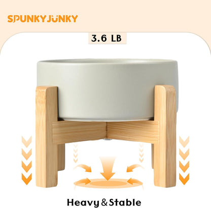 SPUNKYJUNKY Ceramic Elevated Dog Bowls 2 Pack - 8.3inch Raised Dog Bowls with Non-Slip Wooden Stand