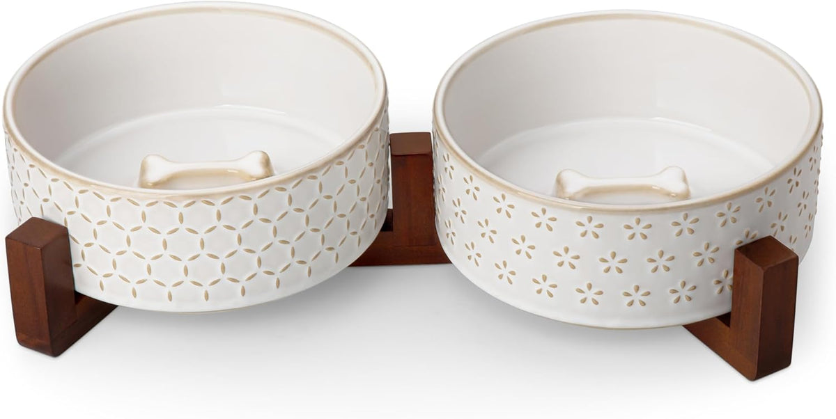 MALACASA Dog Bowl Set with Walnut Wood Stand, 3.5 Cups Ceramic Pet Bowls for Puppy Dogs, Dual Food