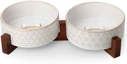MALACASA Dog Bowl Set with Walnut Wood Stand, 3.5 Cups Ceramic Pet Bowls for Puppy Dogs, Dual Food