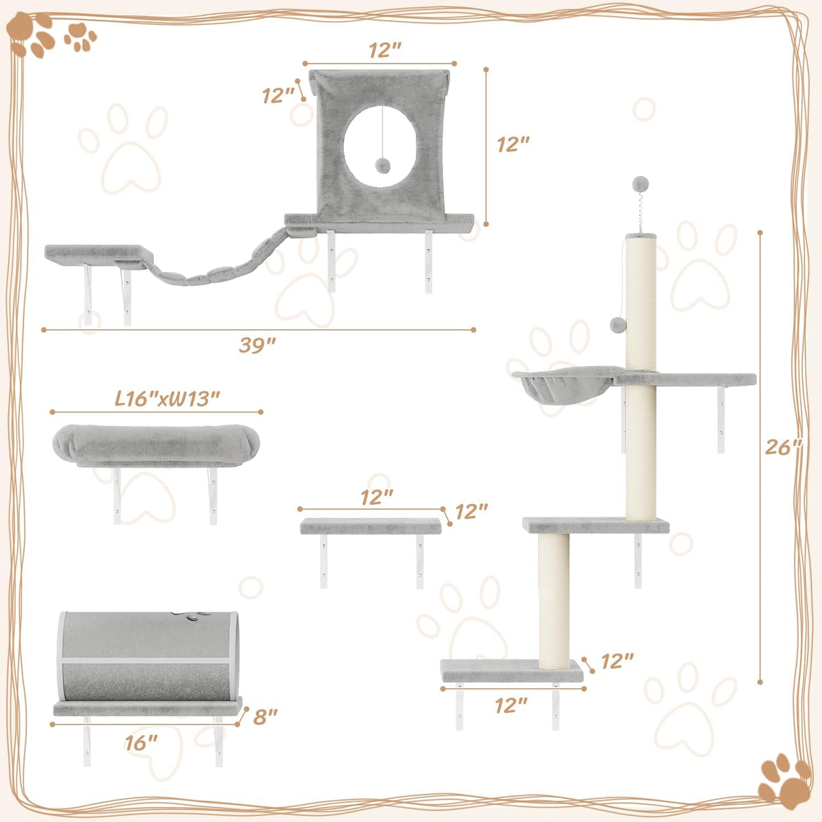 NUNU LAB Cat Wall Shelves Set, 7 Pcs Wall-Mounted Cat Climber with Cat House, Tunnel, Bridge