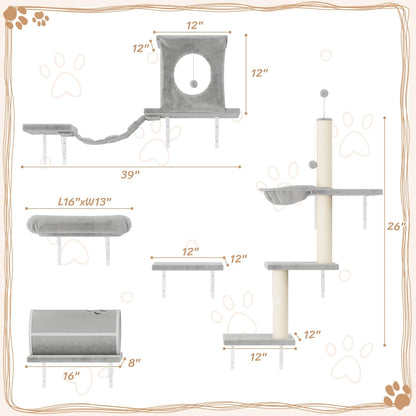 NUNU LAB Cat Wall Shelves Set, 7 Pcs Wall-Mounted Cat Climber with Cat House, Tunnel, Bridge