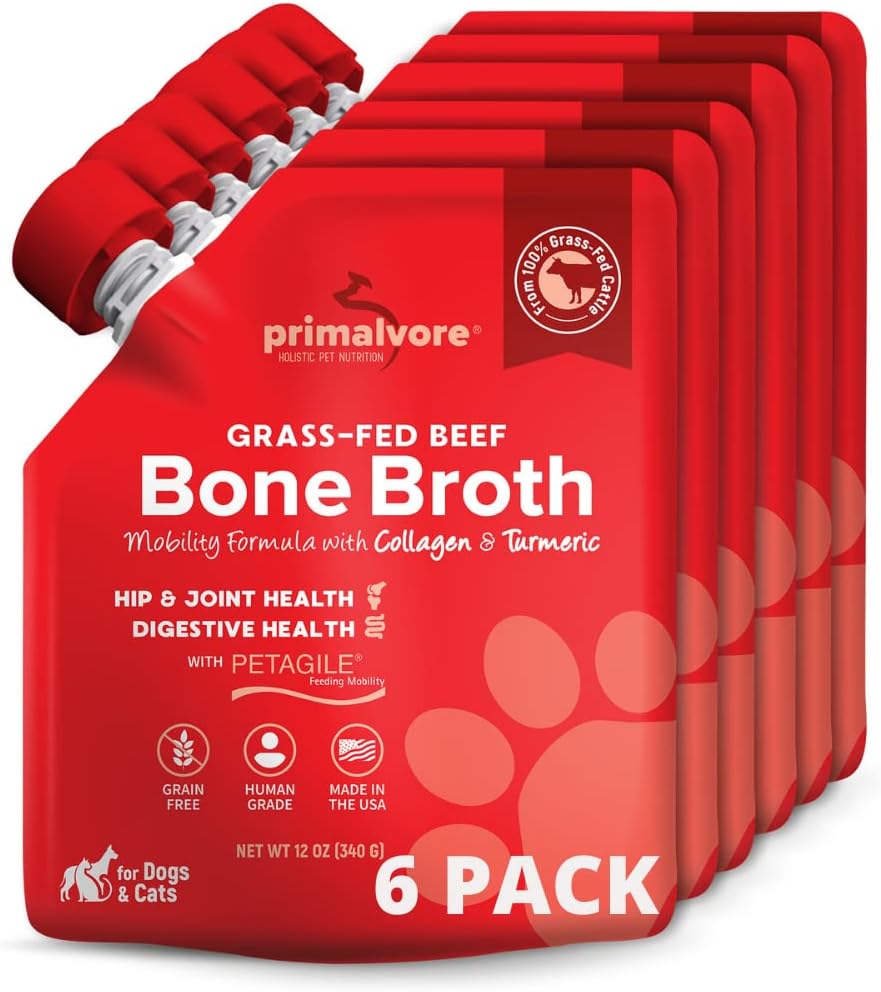 Primalvore Grass-Fed Beef Bone Broth for Dogs &Cats, Mobility Formula w/Collagen Peptides to Help
