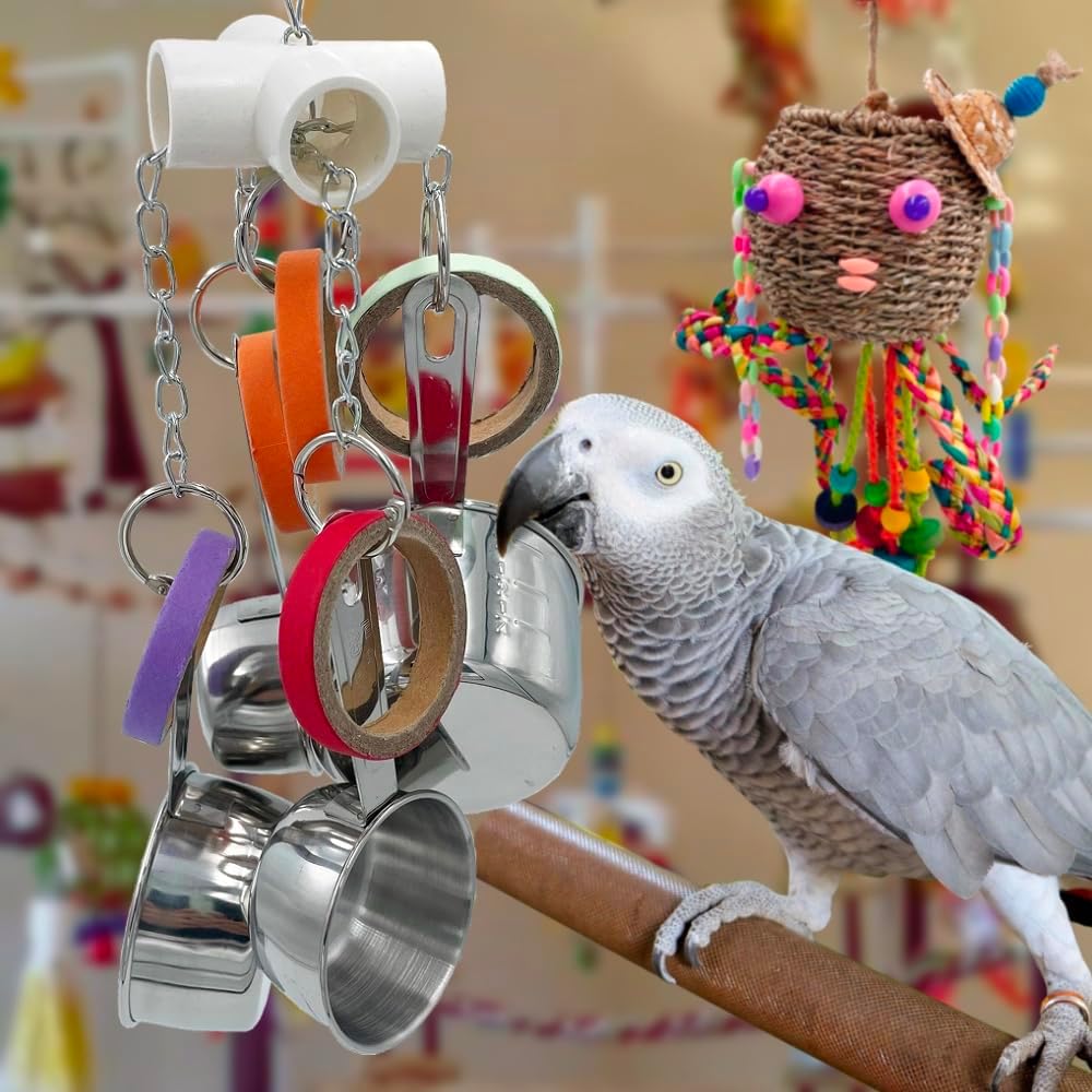 Durable Bird Parrots Pots and Bagel Toys, Pullable Stainless Steel Cup and Cardboard Ring Toys for