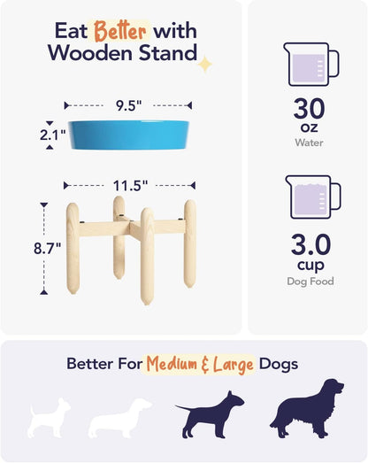 LE TAUCI Ceramic Slow Feeder Dog Bowls Elevated, 3 Cup Raised Bowl with Wooden Stand for Medium