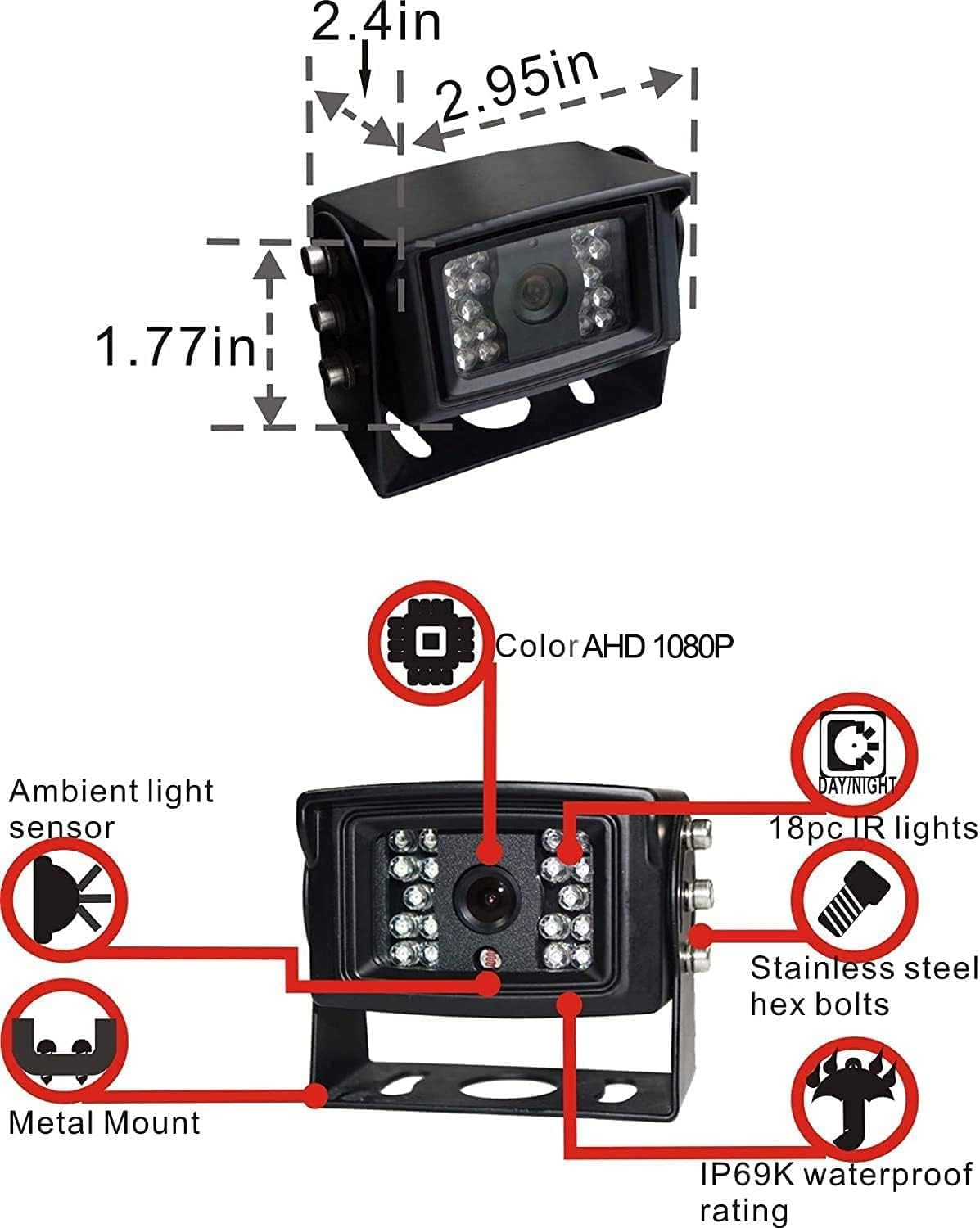 AHD 1080P 7" Reverse Rear View Backup Camera System, Camera with Night Vision Waterproof IP69K
