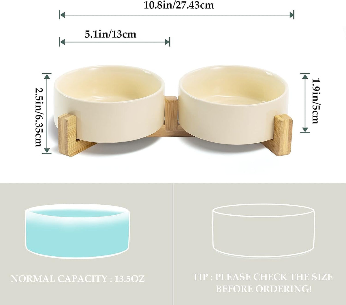 SPUNKYJUNKY Ceramic Dog and Cat Bowl Set with Wooden Stand, Modern Cute Weighted Food Water Set for