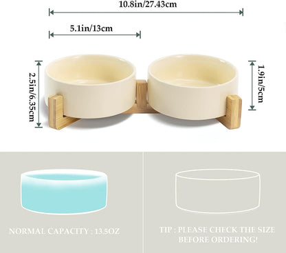 SPUNKYJUNKY Ceramic Dog and Cat Bowl Set with Wooden Stand, Modern Cute Weighted Food Water Set for