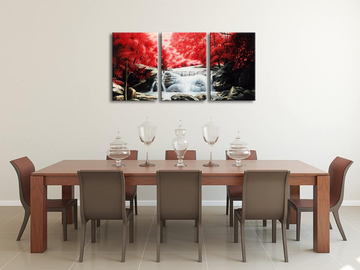 Wieco Art 3 Piece Red Forest Waterfalls Canvas Prints Wall Art for Living Bedroom Room Home