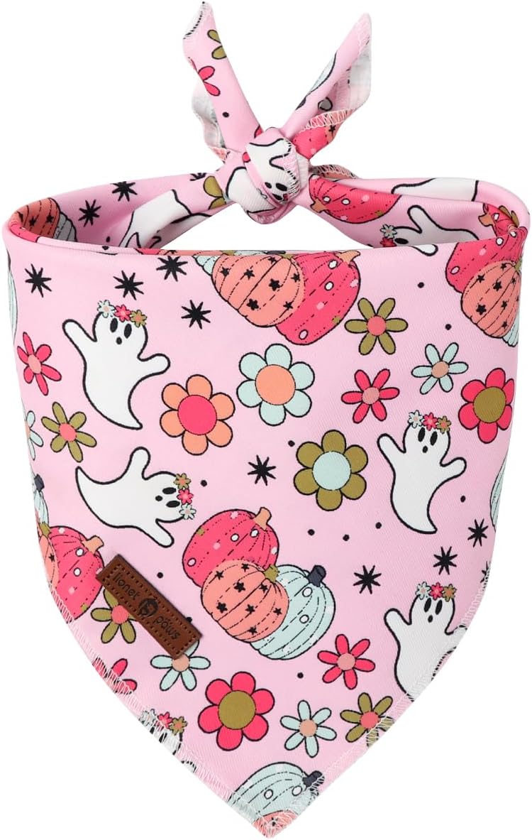 Lionet Paws Halloween Dog Bandana Washable Cotton Handkerchief Scarf Triangle Flower Ghost Pink
