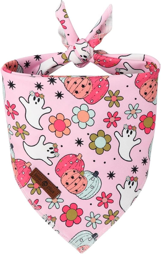 Lionet Paws Halloween Dog Bandana Washable Cotton Handkerchief Scarf Triangle Flower Ghost Pink