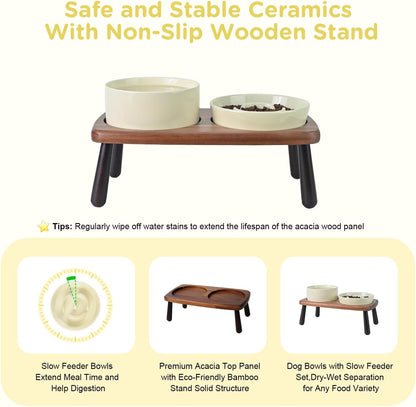 SPUNKYJUNKY Ceramic Elevated Dog Bowls with Slow Feeder Raised with Acacia Bamboo Wooden Stand