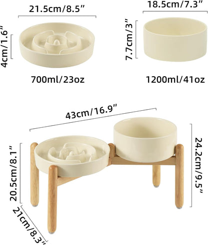 Ceramic Raised Slow Feeder Dog Bowl Set, Elevated 7.3inch Bowl and 8.2inch Puzzle Slow Dish with