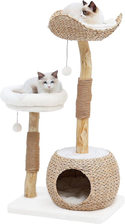 Modern Cat Tree Tower for Indoor Cats, Real Branch Luxury Cat Condo with Scratching Post, Jumping