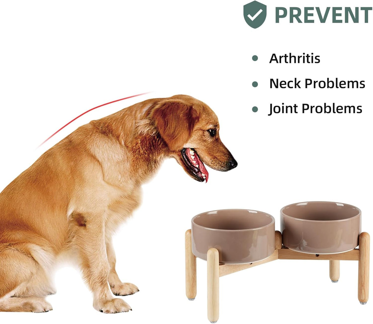 Ceramic 7.3inch Raised Double Bowls Set with Wooden Stand, Food & Water Bowls for Medium Breed