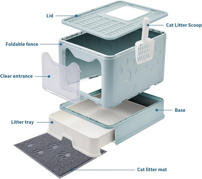 Cat Litter Box with Litter Mat and Scoop, Large Foldable Litter Box with Lid, Front Entry Top Exit
