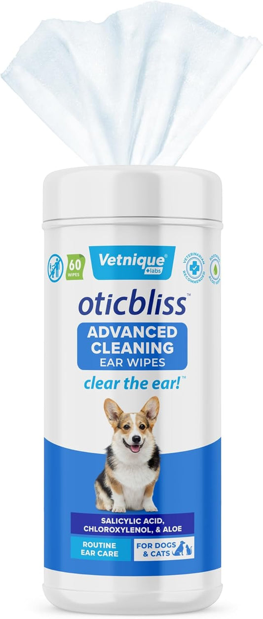 Vetnique Oticbliss Advanced Cleaning Ear Wipes for Dogs for Odor Control, Dirt and Wax Removal with