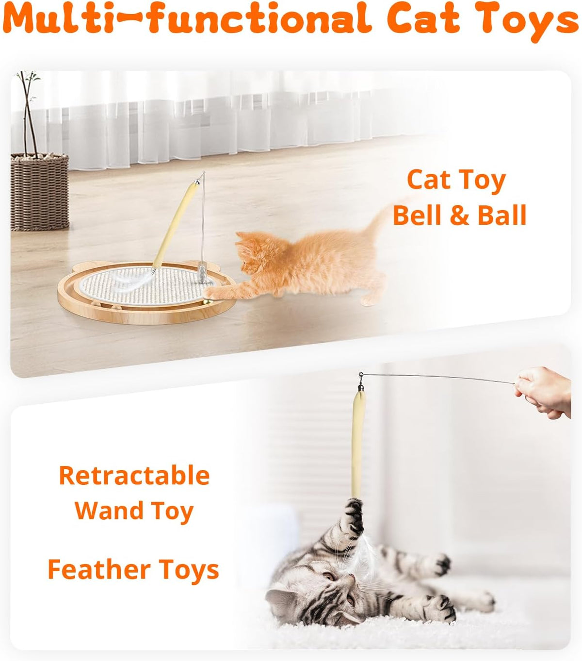 3-in-1 Cat Toys, Scratcher, Toys for Indoor Cats, Natural Sisal Scratching Board, Kitten