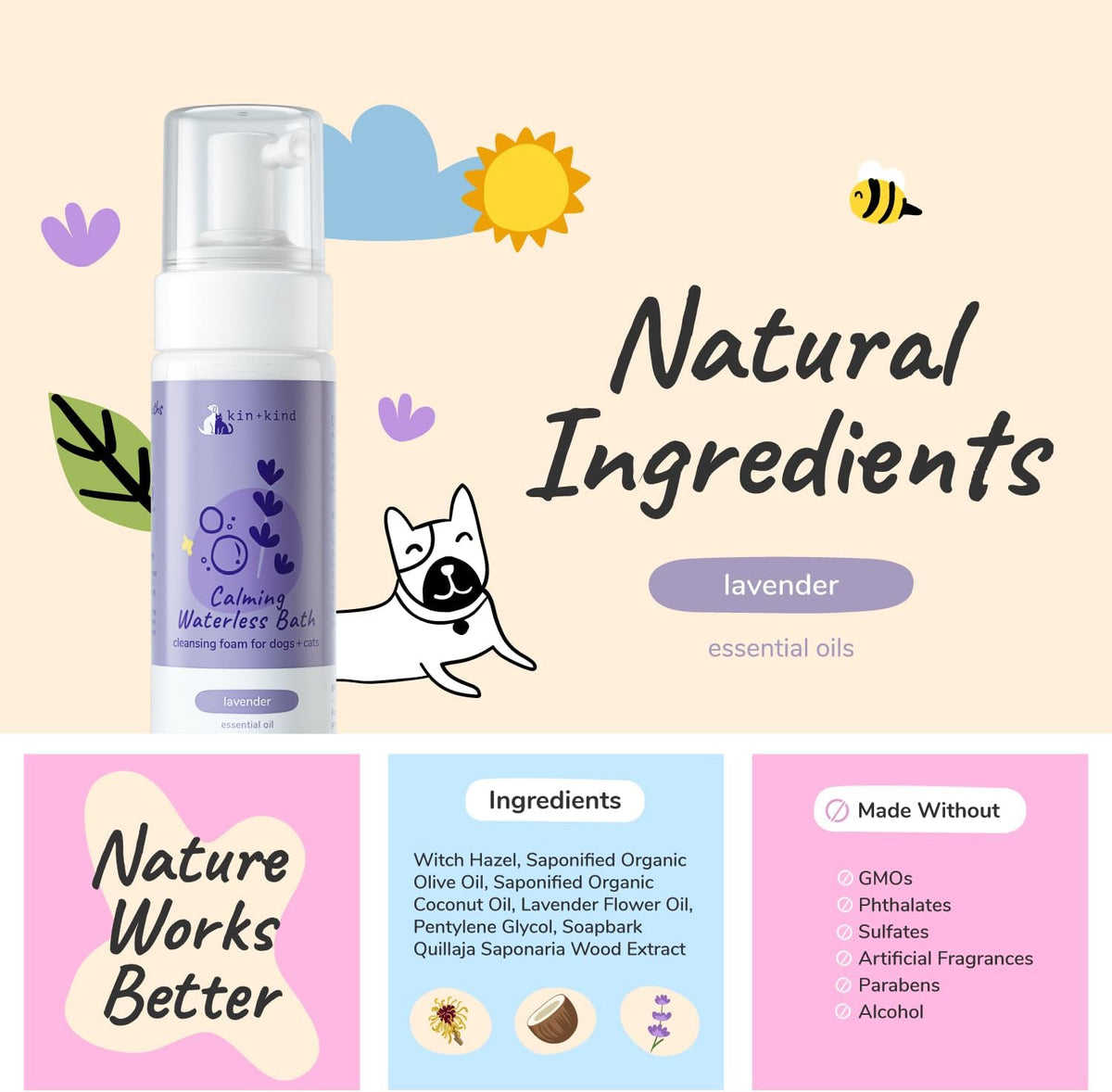 kin+kind Waterless Dry Shampoo for Dogs - Rinse-Free, Eliminate Itch and Odor, Natural Formula with