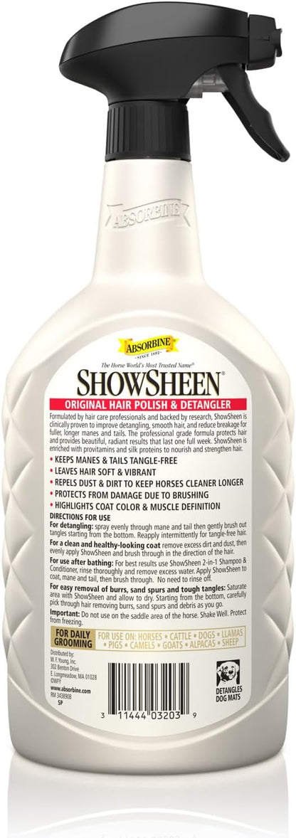 Absorbine ShowSheen Hair Polish & Detangler 32oz Spray Bottle, Horse and Dog Coat, Mane and Tail