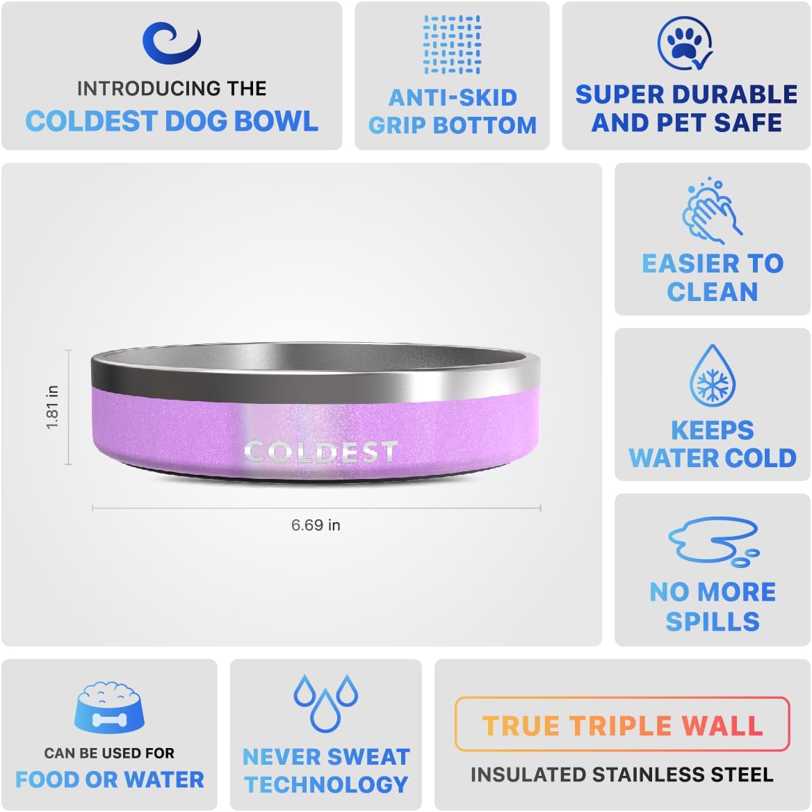 Coldest Dog Bowl - Anti Rust Metal, Non Slip, 3 Layers Insulated Stainless Steel Dog Bowls - Spill