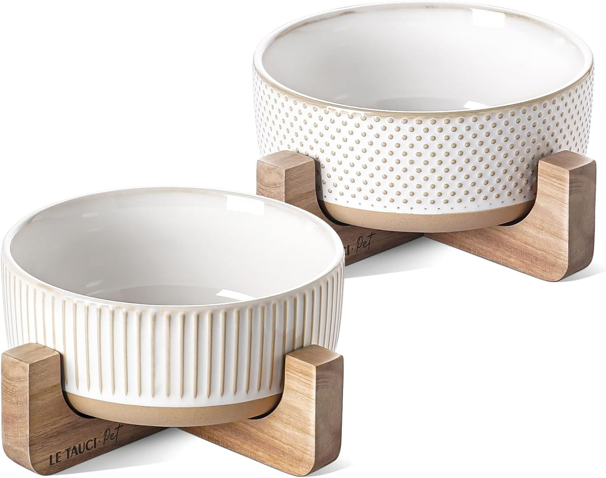 Ceramic Dog Bowls for Medium Small Dogs - 4 Cup Medium Dog Food and Water Bowls with Wood Stand