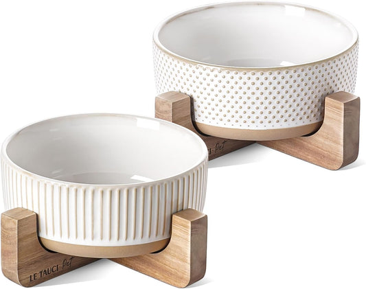 Ceramic Dog Bowls for Medium Small Dogs - 4 Cup Medium Dog Food and Water Bowls with Wood Stand