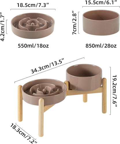 Ceramic Raised Slow Feeder Dog Bowl Set, Elevated 6.1inch Bowl and 7.3inch Puzzle Slow Food Dish
