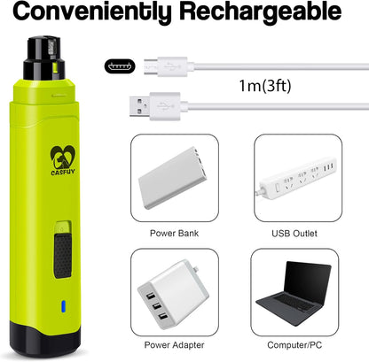 Casfuy Dog Nail Grinder Upgraded - Professional 2-Speed Electric Rechargeable Pet Nail Trimmer
