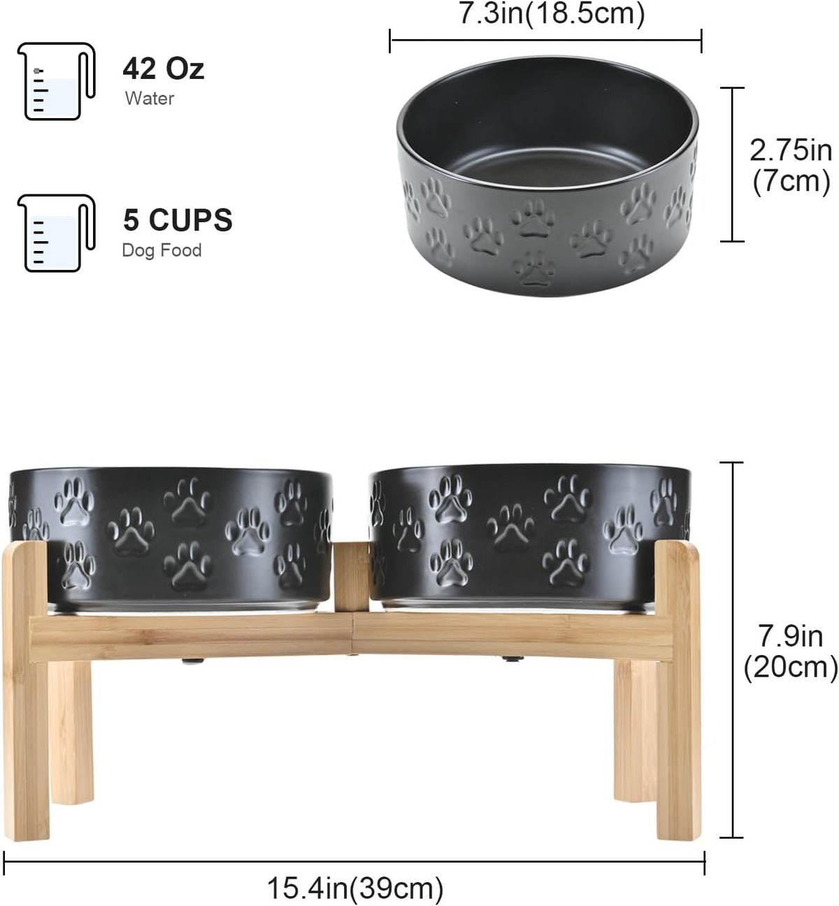 SPUNKYJUNKY Elevated Dog Bowls Ceramic, 7.3'' Dogs Food Water Bowls Raised with Non-Slip Bamboo
