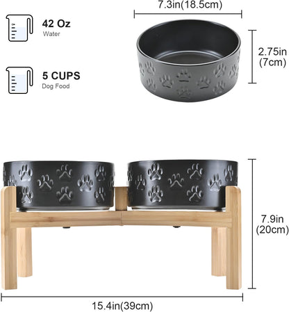 SPUNKYJUNKY Elevated Dog Bowls Ceramic, 7.3'' Dogs Food Water Bowls Raised with Non-Slip Bamboo