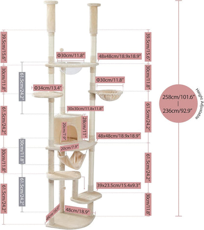 PEQULTI Floor to Ceiling Cat Tree 92.9’’-101.6’’ Height Adjustable Cat Tower Tall Kitty Climbing