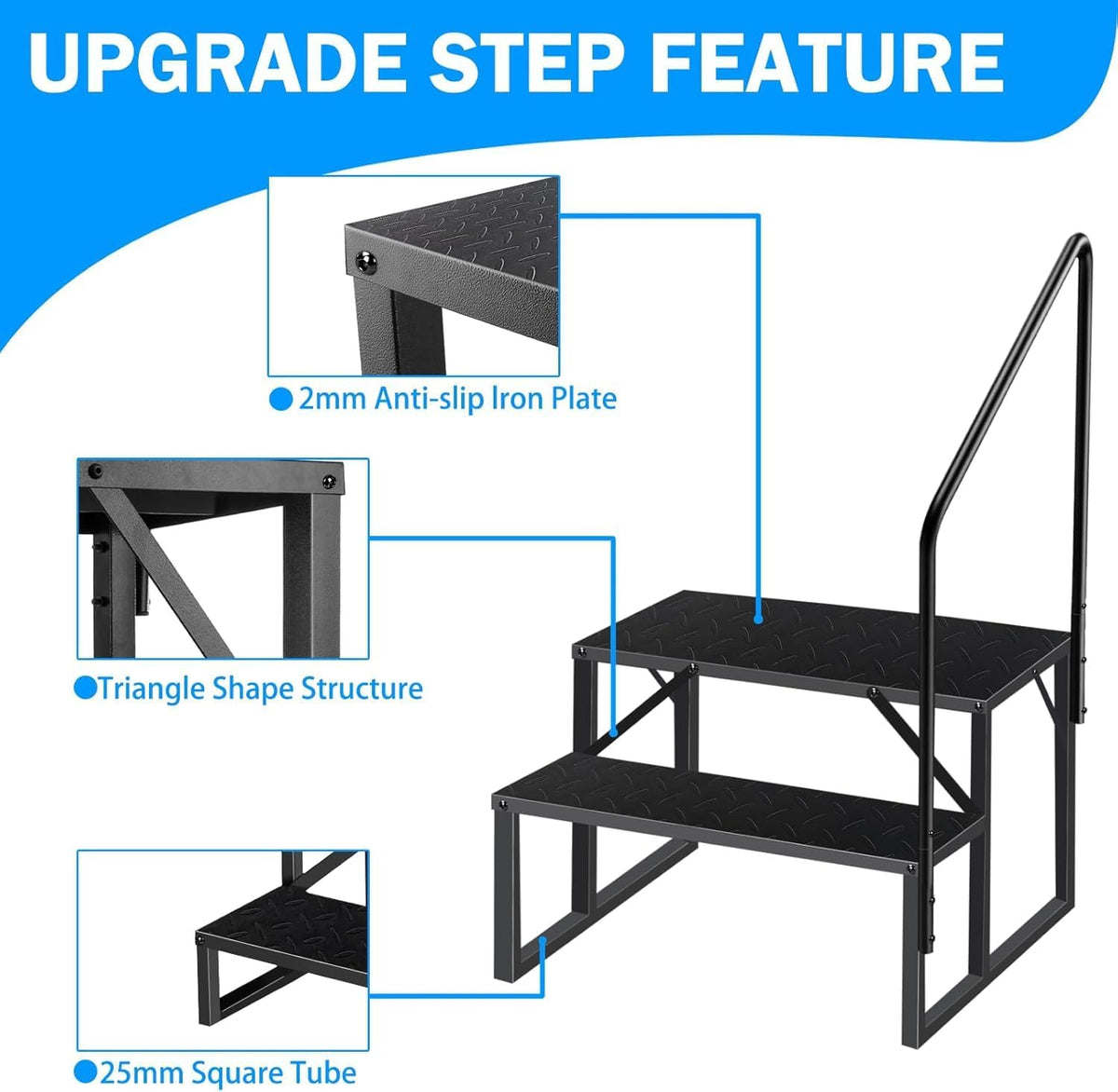 RV Steps with Handrail, 2 Steps Ladder Hot Tub Steps with Handrail, Portable Mobile Home Stairs