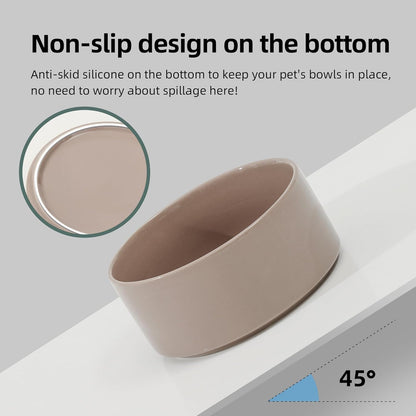 Ceramic 7.3inch Raised Double Bowls Set with Wooden Stand, Food & Water Bowls for Medium Breed
