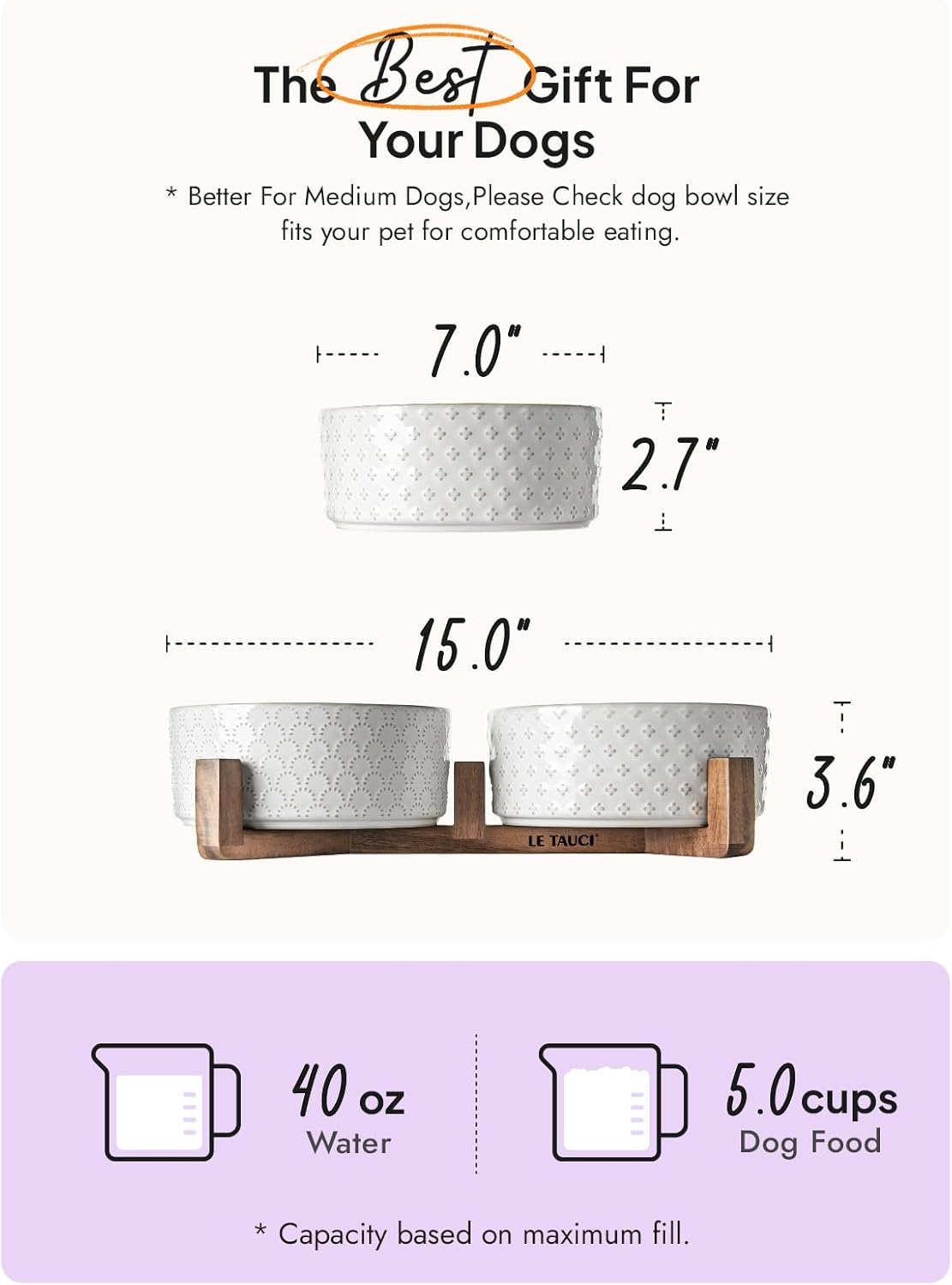 LE TAUCI Ceramic Dog Bowls with Acacia Wood Stand - 7 Inch Food & Water Set for Medium-Large Dogs