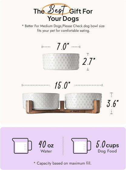 LE TAUCI Ceramic Dog Bowls with Acacia Wood Stand - 7 Inch Food & Water Set for Medium-Large Dogs