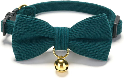 2 Pack Soft Corduroy Christmas Cat Collars with Bow Tie & Bell, Adjustable Breakaway Cotton Kitty