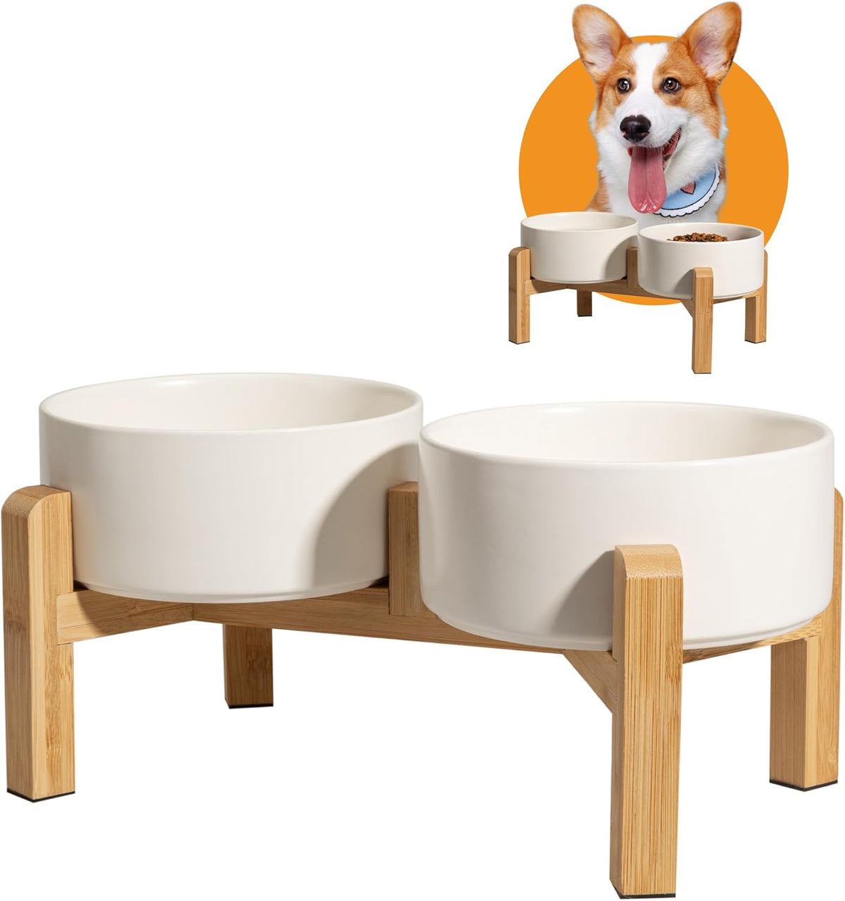 Elevated Ceramic Dog Bowl Set - Raised Dog Bowls with Non-Slip Bamboo Stand - Dog Food and Water