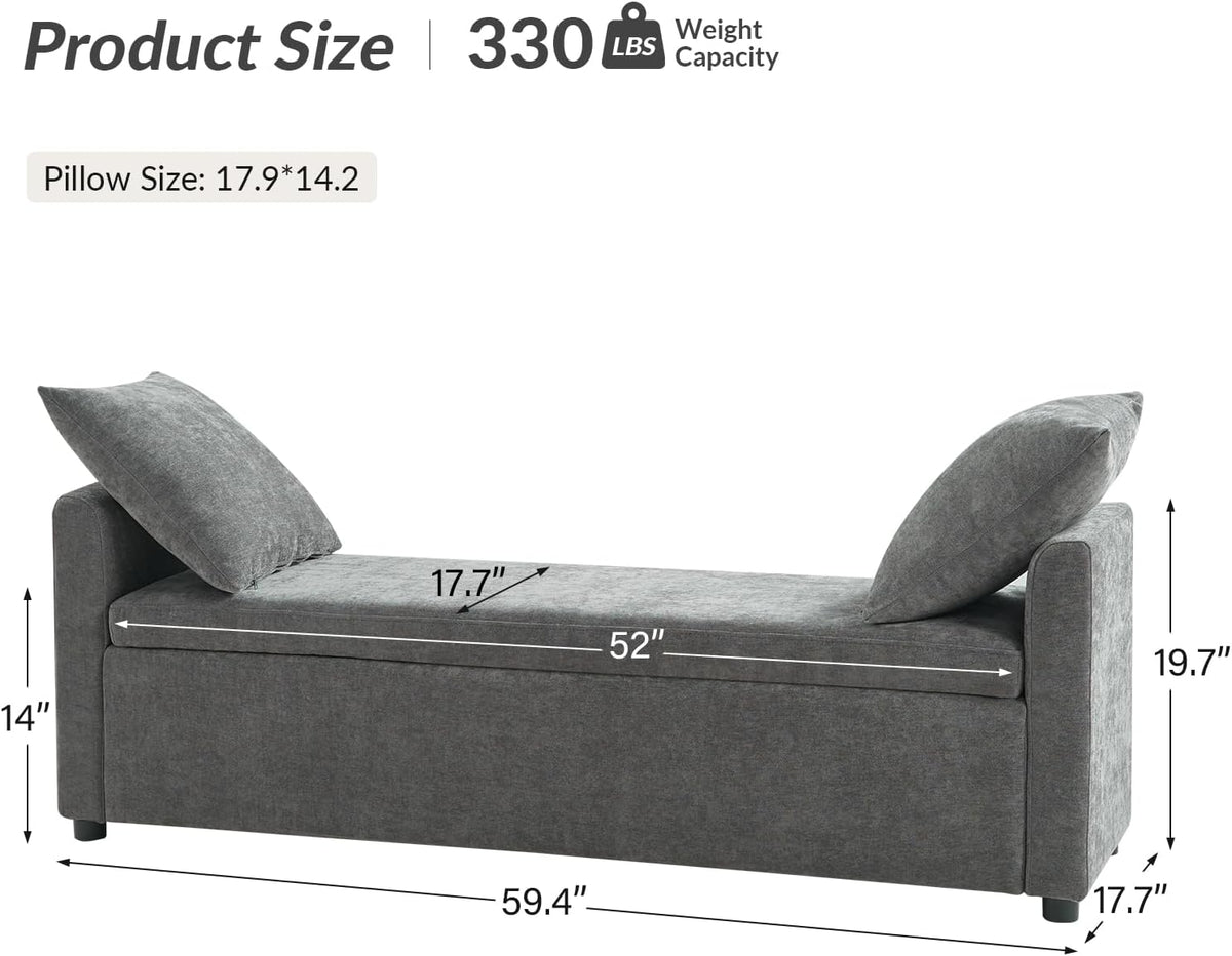 HULALA HOME Modern Storage Bench with Throw Pillows, 59.4" Extra Long Bedroom Ottoman Bench for End