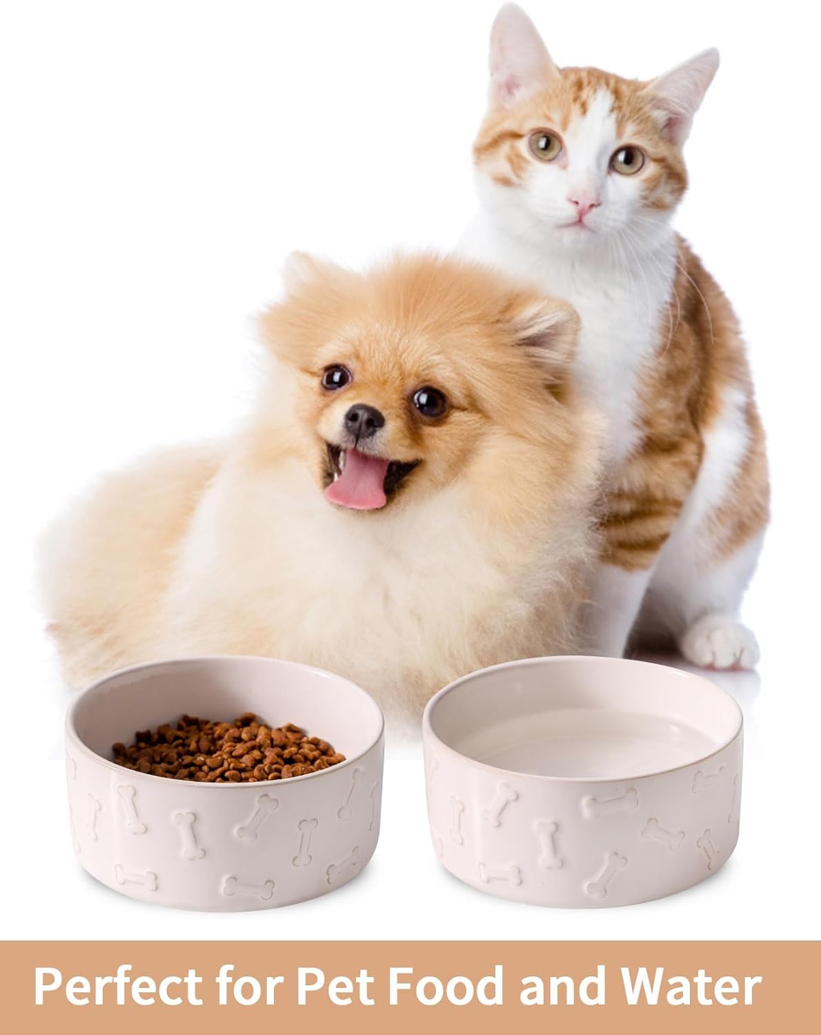 UBEE Ceramic Dog Bowl Set of 2, 5.1 inch Dog Food Bowl with Bone Pattern, Pet Food Water Dish