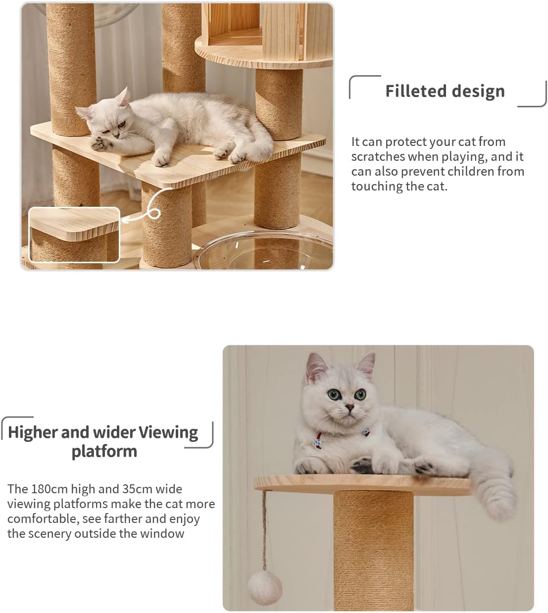 Modern Multi-Level Large Real Solid Wood Cat Tree, Luxury Wooden Cat Tower Cat Condo with