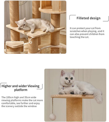 Modern Multi-Level Large Real Solid Wood Cat Tree, Luxury Wooden Cat Tower Cat Condo with
