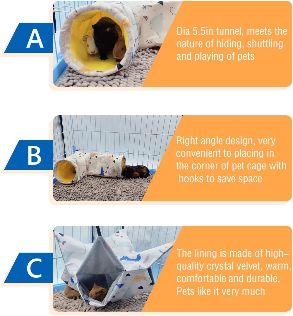 Large Caliber Guinea Pig Tunnel Hideout & Hammock, Rat Cage Corner Toy for Ferret Hedgehog Piggy to