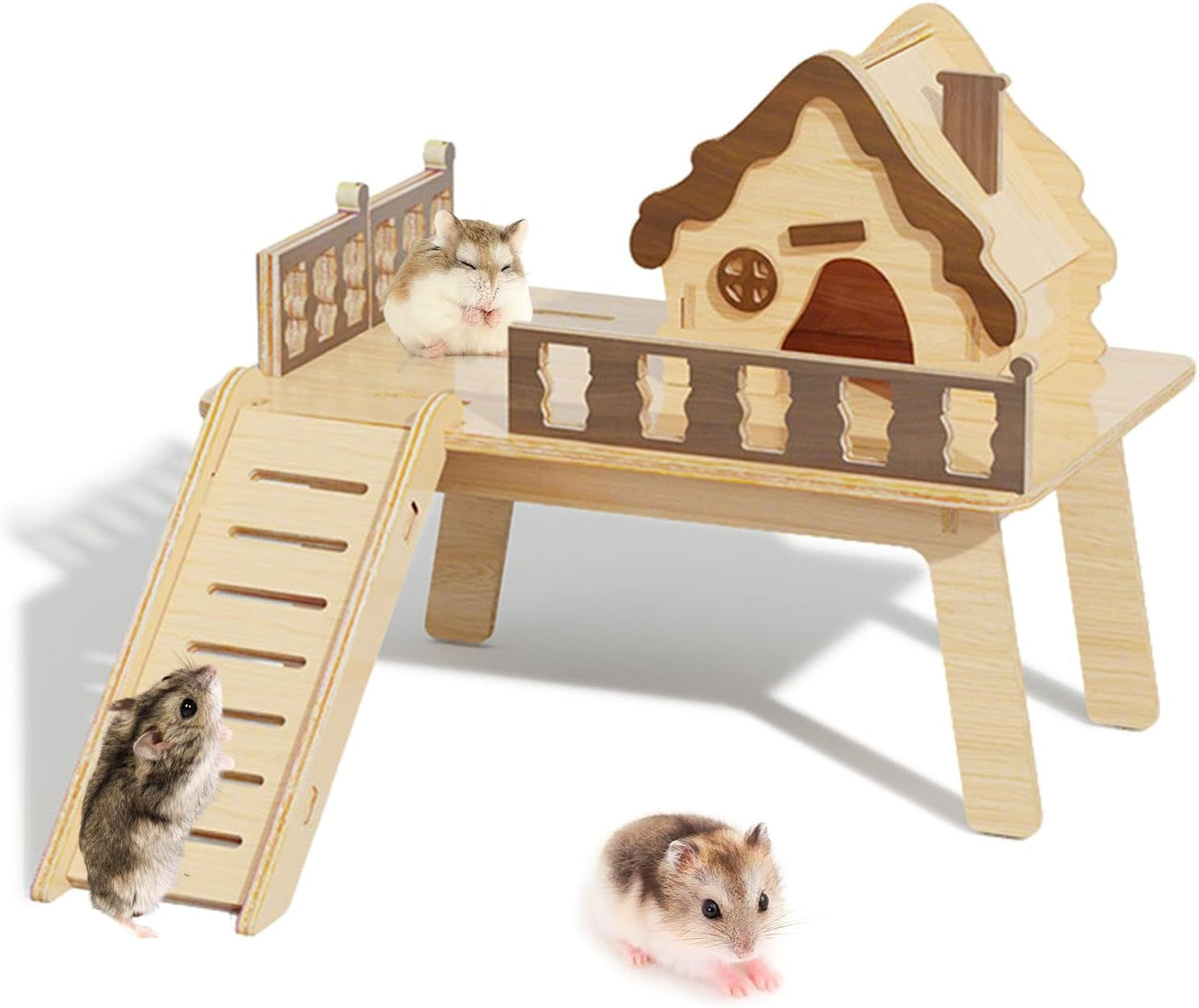 Wooden Hamster Platform and Dwarf Hamster House,Cute Syrian Hamster Tiny House Hideout,Large