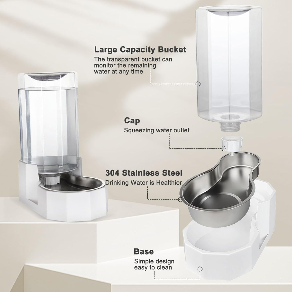 Sfozstra Large Dog Water Dispenser: 8L Automatic White Water Feeder with Stainless Steel Bowl