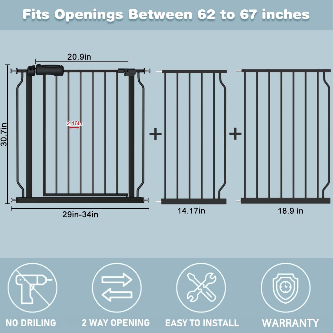 Extra Wide Baby Gate Black 62-67 Inch Wide Pressure Mounted Auto Close Child Safety Gate Long Dog