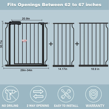 Extra Wide Baby Gate Black 62-67 Inch Wide Pressure Mounted Auto Close Child Safety Gate Long Dog