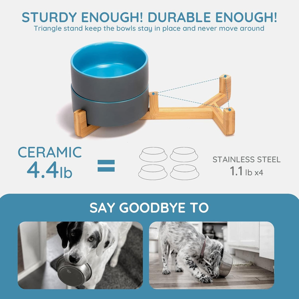 SPUNKYJUNKY Ceramic Dog and Cat Bowl Set with Wooden Stand, Modern Cute Weighted Food Water Set for