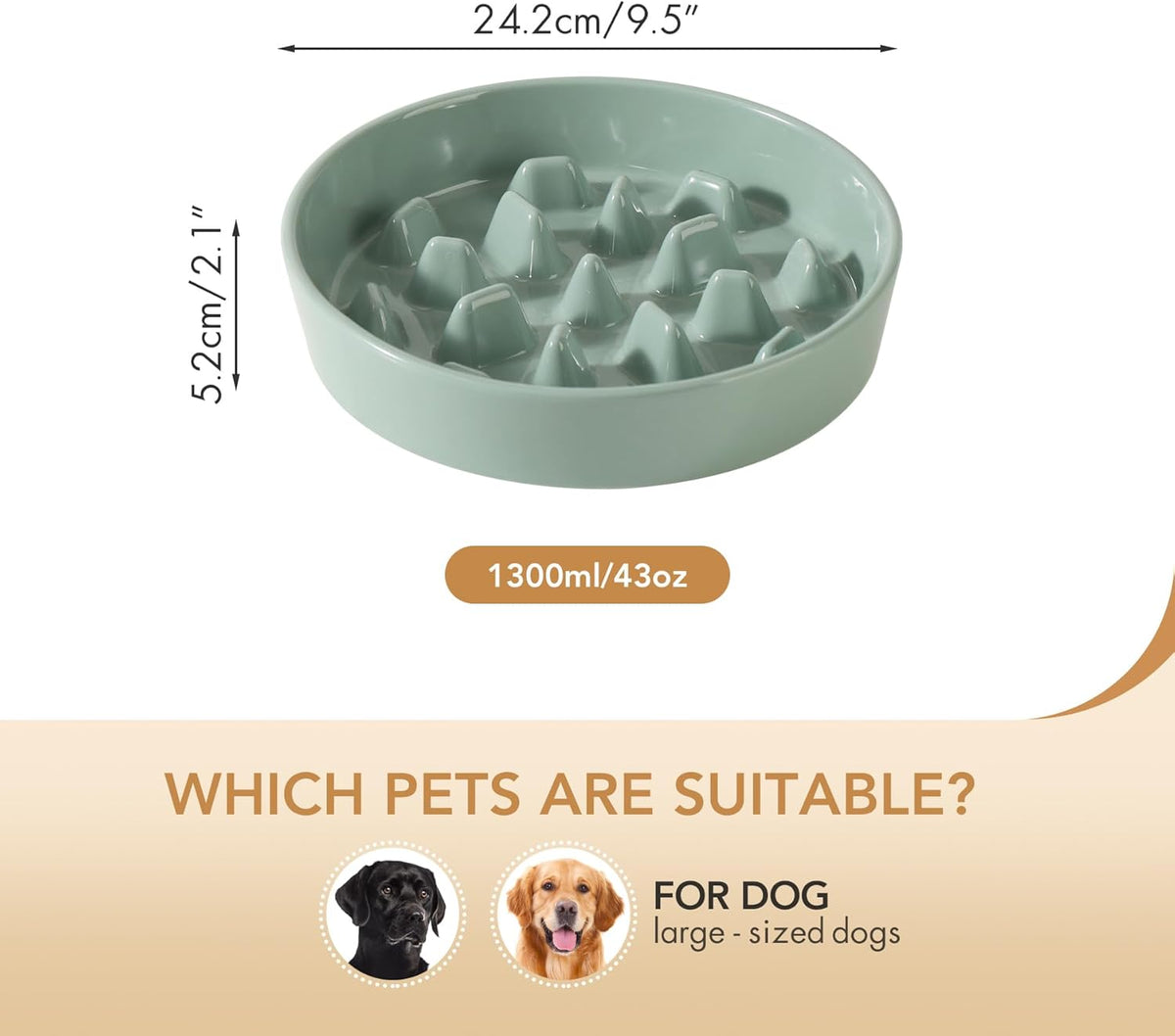 Ceramic 9.5 inch Dog Bowl Slow Feeder, Slow Pet Food Dish for Large Dog, Stop Bloat, Preventing