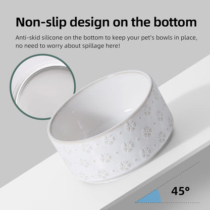 6.1inch Ceramic Raised Double Bowls Set with Acacia Wood Stand, 2 Heights Elevated, Food & Water